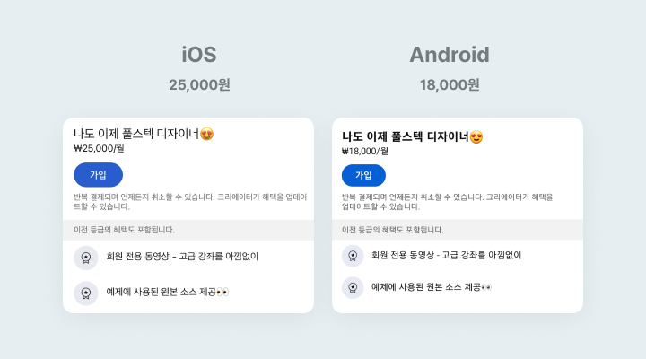 iOS와 Android의 가격 차이 - ios 25000원, android 18000원