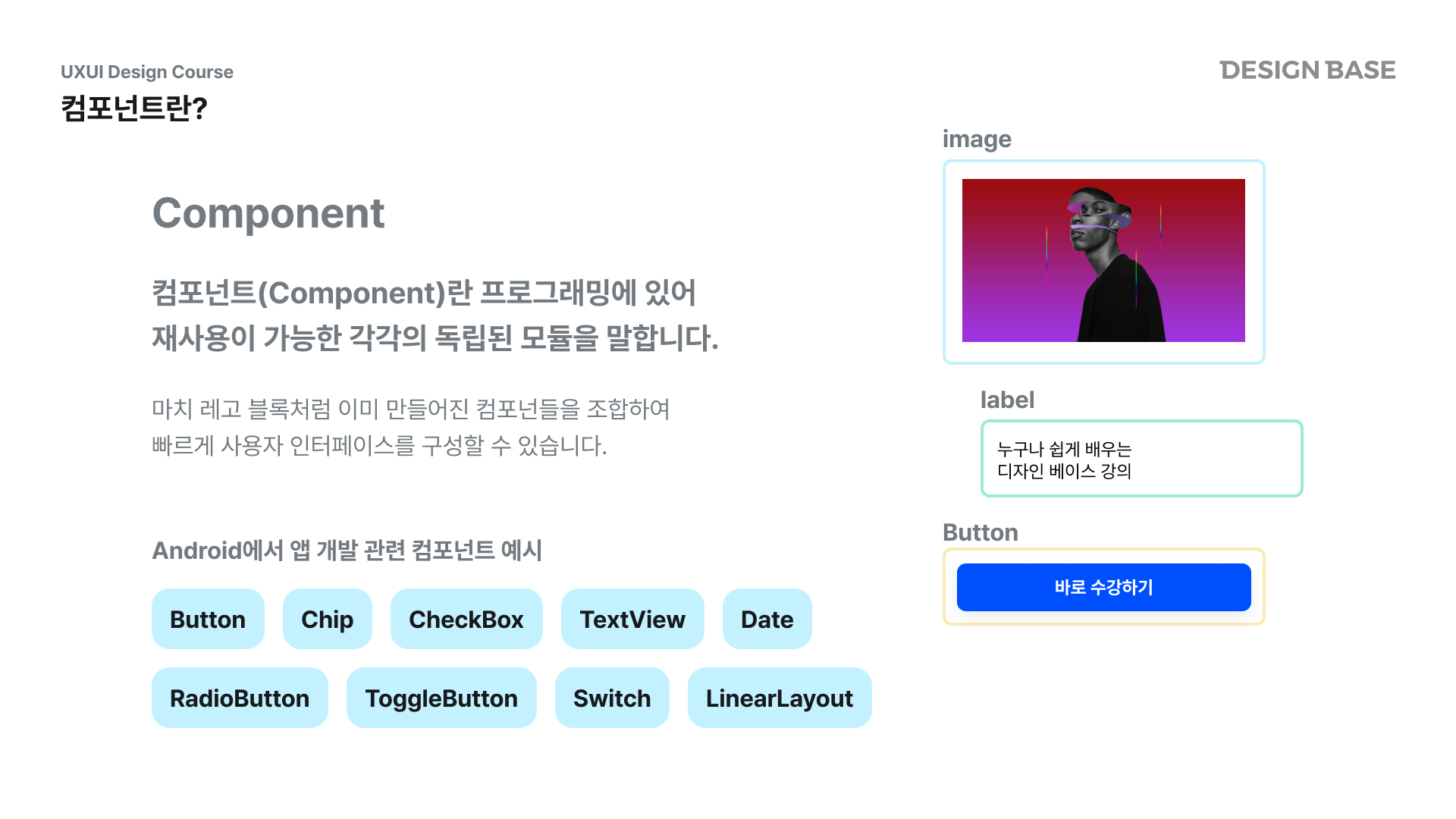 컴포넌트란 프로그래밍에 있어 재사용이 가능한 각각의 독립된 모듈을 말합니다.