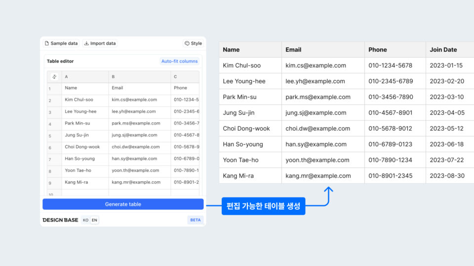 피그마 플러그인 - 테이블 생성기 - 테이블 생성한 모습